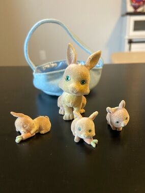 Flocked Bunny in My Pocket Family with Blue Basket